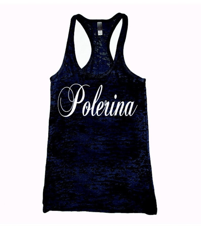 May include: A navy blue tank top with a white, cursive font that reads "Polerina".