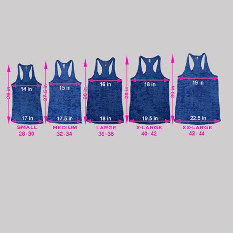 May include: Size chart for a blue tank top with measurements in inches. The chart shows the width and length of the tank top in different sizes: Small, Medium, Large, X-Large, and XX-Large.