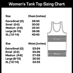 Puede incluir: Una tabla de tallas para camisetas de tirantes con medidas en pulgadas para el pecho y la cintura. La tabla enumera las tallas desde Extra-Small hasta XL con las medidas correspondientes.