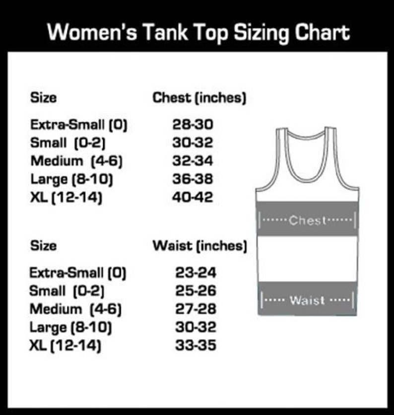Puede incluir: Una tabla de tallas para camisetas de tirantes con medidas en pulgadas para el pecho y la cintura. La tabla enumera las tallas desde Extra-Small hasta XL con las medidas correspondientes.