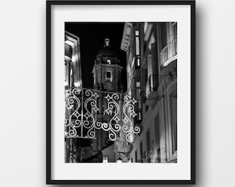 European Christmas print, black and white Spain photography, Malaga art print, cathedral photography