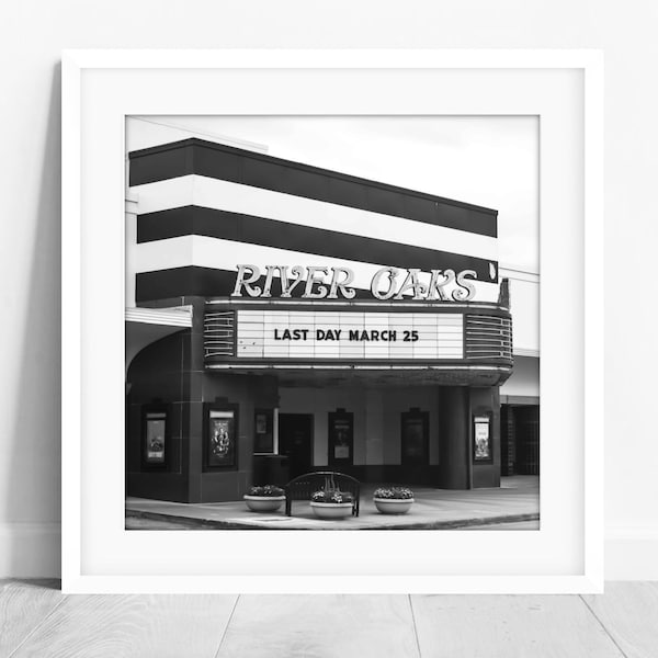 black and white Houston photography, River Oaks Theater, Texas photography, Houston wall art, historic movie theater, square print