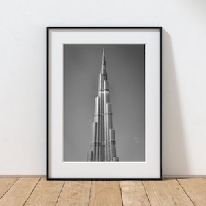 modern architecture print, black and white Dubai photography, Burj Khalifa wall art, Middle Eastern home decor, skyscraper print