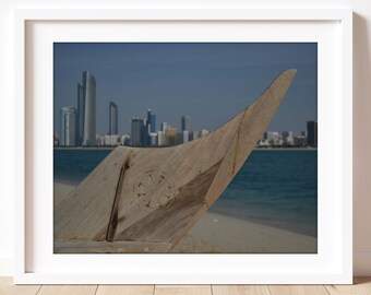 Abu Dhabi skyline, UAE dhow photography, cityscape wall art, skyscrapers photography, Middle East home decor