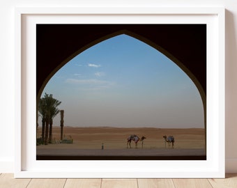 desert photography, camel print, Middle Eastern wall art, Abu Dhabi photo, desert landscape print, neutral tone wall art