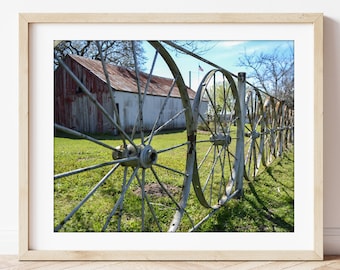 Texas Barn Print: Wagon Wheel Fence, Small Texas Town Photography