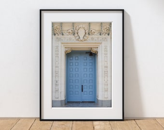 University of Texas photography, Sutton Hall, UT Austin campus, blue door print, Austin Texas wall art