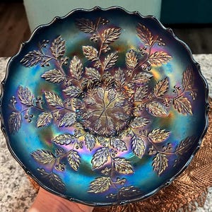 Antique Fenton Cobalt Blue Holly Berry Bowl