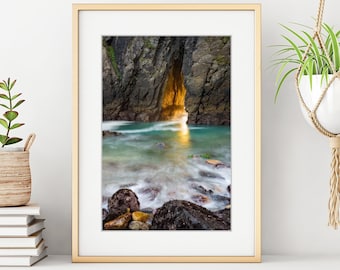Keyhole Rock Sunset Print – Harris Beach Oregon Coast Photo – Light Through Sea Stack Wall Art – Brookings Nature Photography Decor