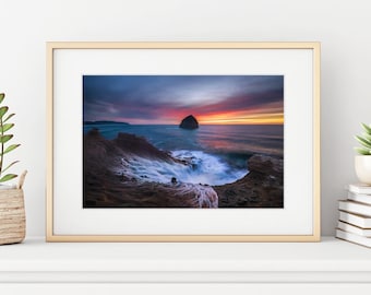Cape Kiwanda Sunset Print – Haystack Rock Silhouette Photo – Oregon Coast Wall Art – Ocean Waves Nature Photography – Pacific City Decor