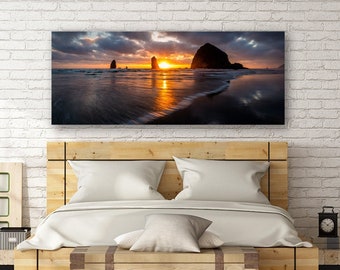 Haystack Rock Sunset Panorama – Cannon Beach Oregon Photo Print – Coastal Silhouette Wall Art – Panoramic Ocean Landscape Photography