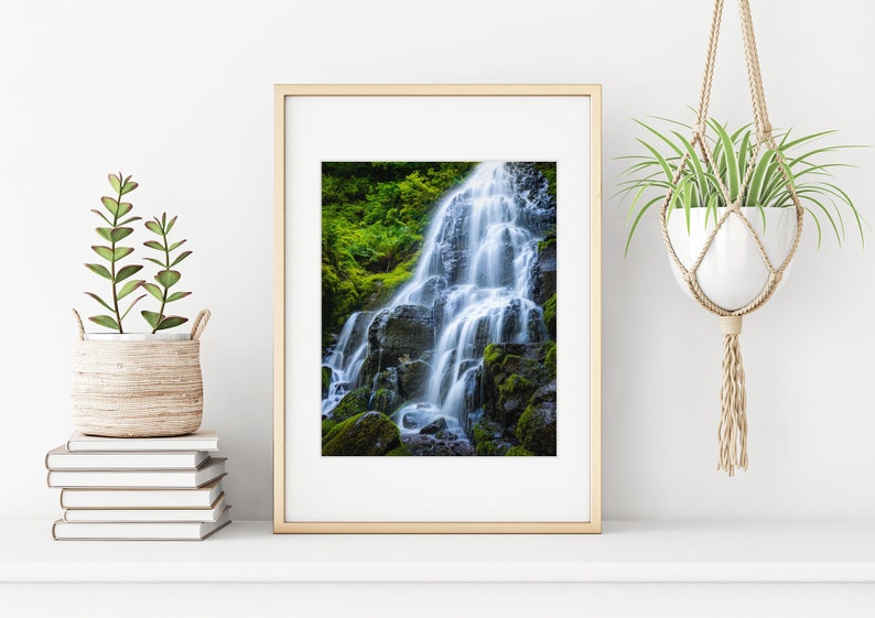 Oregon Waterfall Photo Print, Large Pacific Northwest Wall Art, Fairy Falls Columbia Gorge, Green Forest Nature Photography image 4