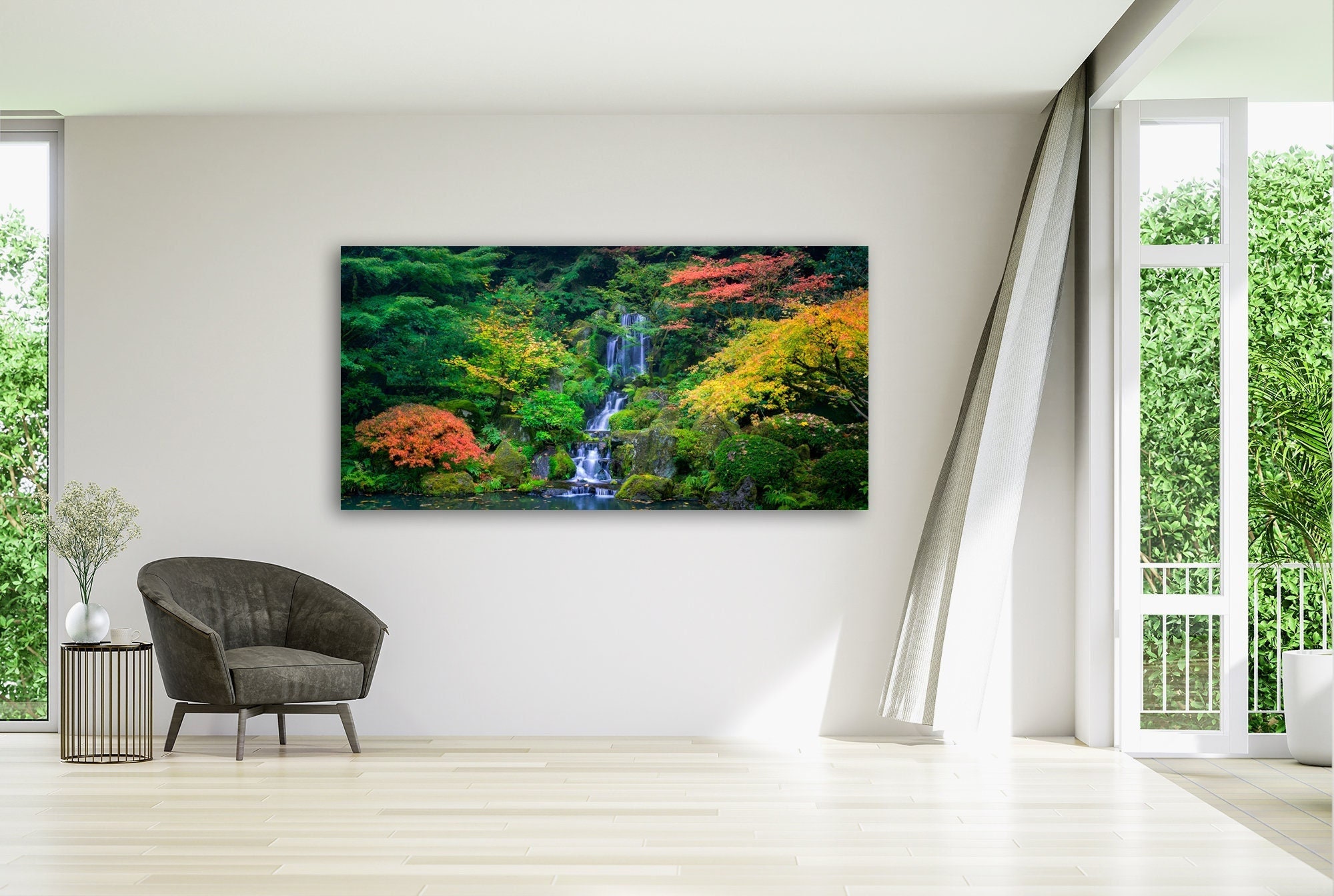 Portland Japanese Garden Fall Print – Panoramic Waterfall Photo – Autumn Nature Wall Art – Oregon Foliage Landscape Photography