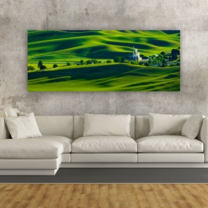 Panorama de las colinas de Palouse – Foto de paisaje de elevador de granos – Arte mural del este de Washington – Impresión de una granja verde rural – Decoración de casas campestres
