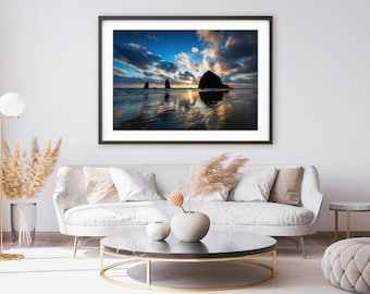 Haystack Rock Sunset Print – Cannon Beach Photography – Oregon Coast Wall Art – Dramatic Ocean Silhouette Photo – PNW Nature Decor