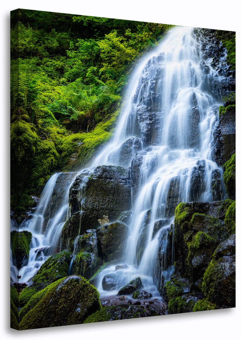 Oregon Waterfall Photo Print, Large Pacific Northwest Wall Art, Fairy Falls Columbia Gorge, Green Forest Nature Photography image 3