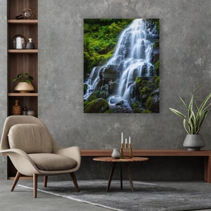 Oregon Waterfall Photo Print, Large Pacific Northwest Wall Art, Fairy Falls Columbia Gorge, Green Forest Nature Photography image 2