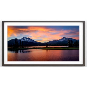 Sparks Lake Sunset Panorama – South Sister & Broken Top Photo – Oregon Mountain Landscape Print – Three Sisters Oregon Wall Art