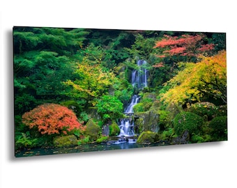 Panoramic Japanese Garden Photo – Portland Oregon Fall Landscape – Pacific Northwest Waterfall – Photo on Paper, Canvas, Metal, Acrylic