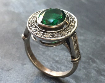 Emerald Ring, Antique Ring, Vintage Ring, Antique Emerald Ring, Antique Rings, Sterling Silver Ring, Green Vintage Ring, Created Emerald