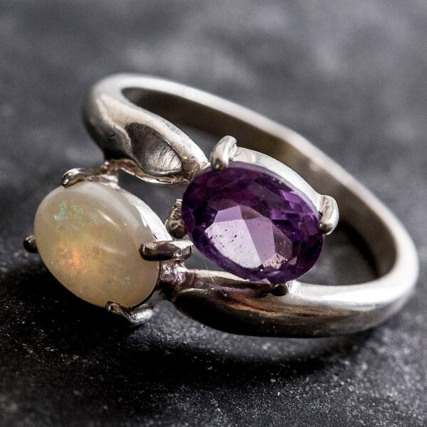 Unique Opal Ring, Natural Opal Ring, Amethyst Ring, Vintage Rings, October Birthstone, February Birthstone, Silver Ring, Amethyst, Opal