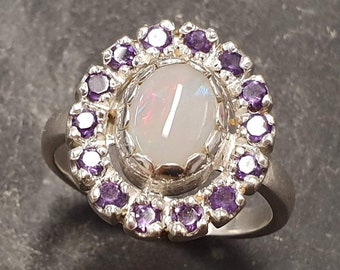 Victorian Opal Ring, Natural Precious Opal, Amethyst Ring, October Birthstone, February Birthstone, Silver Vintage Ring, Solid Silver Ring