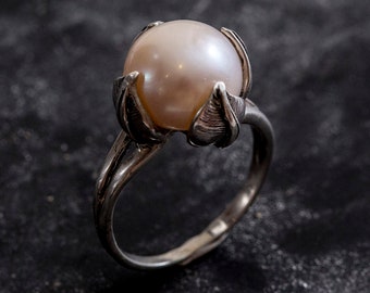 Leaf Ring, White Pearl Ring, Natural Pearl, Natural Pearl Ring, Flower Pearl Ring, June Birthstone, Solid Silver Ring, 925 Silver Ring