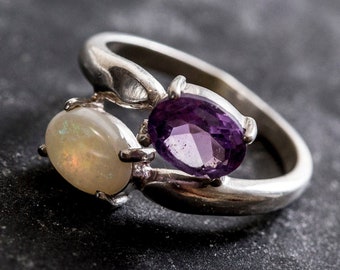 Unique Opal Ring, Natural Opal Ring, Amethyst Ring, Vintage Rings, October Birthstone, February Birthstone, Silver Ring, Amethyst, Opal