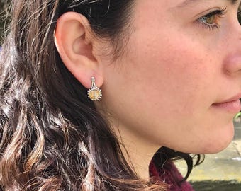 Brincos vintage, quartzo rutilado, pedra do signo de Leão, gema natural, brincos de quartzo, rutilado dourado, quartzo dourado, quartzo dourado, prata maciça