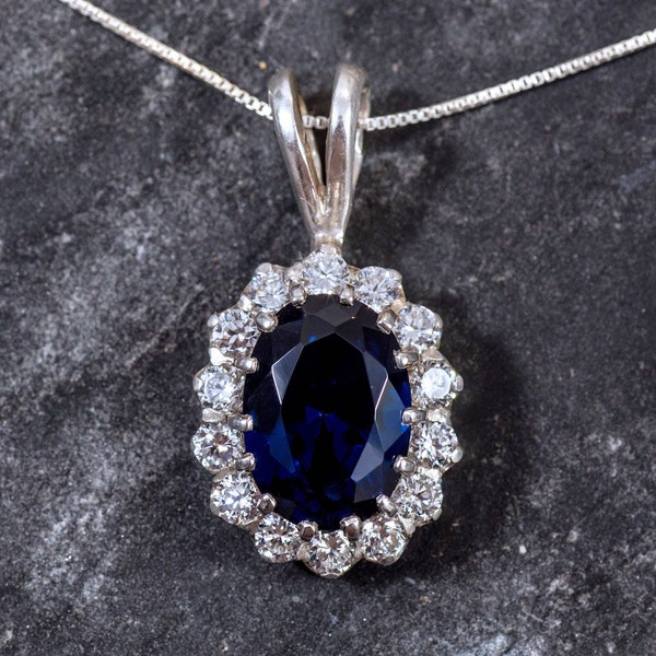 Diamant Anhänger, Saphir Anhänger, erstellt Saphir, Prinzessin Di Anhänger, Blau Anhänger, Blau Diamant Anhänger, Massiv Silber Anhänger, Saphir