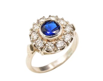 Victoriaanse ring, saffierring, synthetische saffier, koningsblauwe ring, Victoriaans ontwerp, massief zilveren ring, blauwe saffierring, saffier