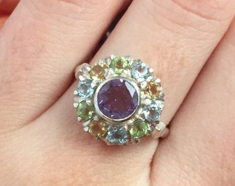 Amethyst Ring, Cluster Topaz Ring, Multistone Ring, Colorful Ring, February Birthstone, Victorian Ring, Round Halo Ring, Solid Silver Ring