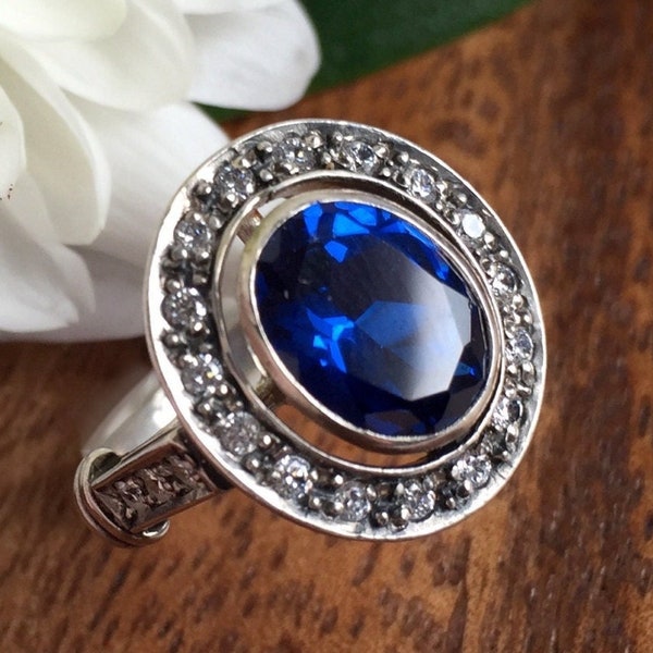 Sapphire Ring, Created Sapphire, Victorian Ring, Antique Sapphire Ring, Royal Blue Ring, Solid Silver Ring, Blue Vintage Ring, Sapphire