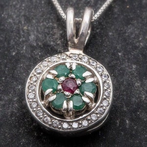 Emerald Pendant, Ruby Pendant, Flower Pendant, Natural Emerald, May Birthstone, Vintage Pendant, Silver Pendant, Real Emerald, Emerald, Ruby