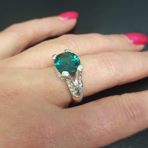 Anillo de esmeralda, anillo de esmeralda vintage, anillo verde esmeralda, esmeralda creada, anillos vintage, anillo de plata vintage, anillo horizontal, gema horizontal imagen 2