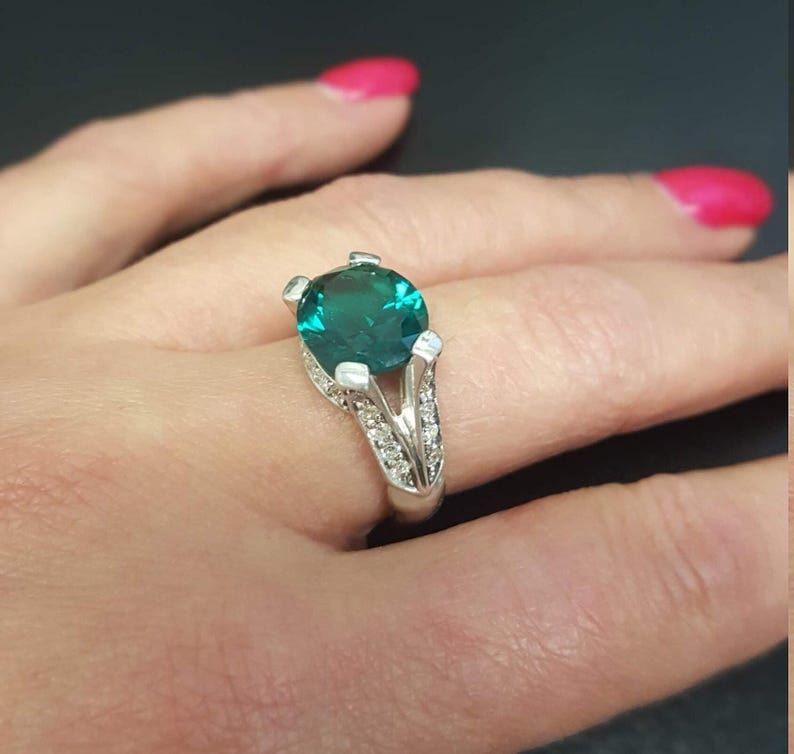 Anillo de esmeralda, anillo de esmeralda vintage, anillo verde esmeralda, esmeralda creada, anillos vintage, anillo de plata vintage, anillo horizontal, gema horizontal imagen 2