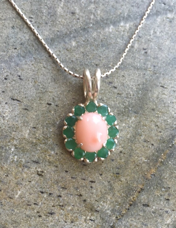 Emerald Pendant, Natural Emerald, Natural Coral, Coral Pendant, Pink Coral, May Birthstone, Angel Skin Coral, Vintage Pendant, Victorian