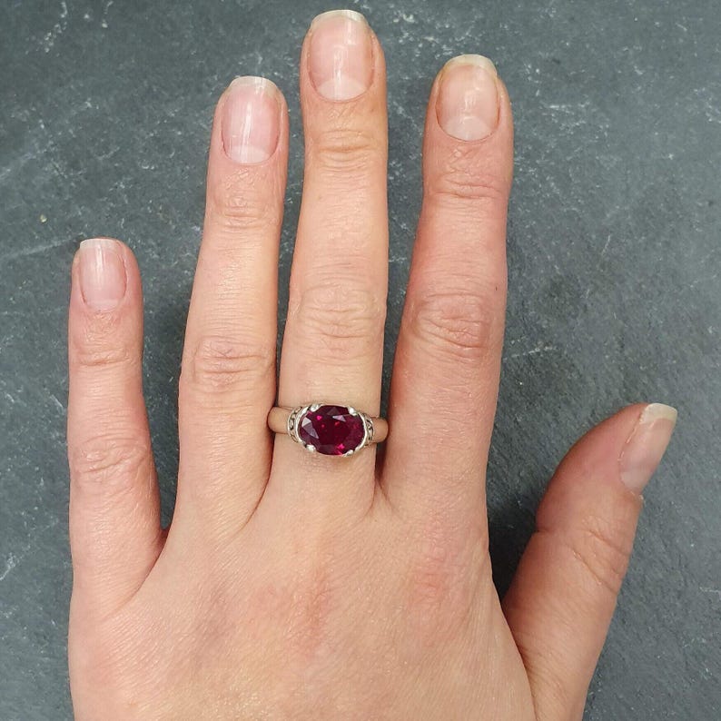 Tribal Ruby Ring, Created Ruby, Red Vintage Ring, Horizontal Ring, Antique Ring, 3 Carat Ruby, Statement Ring, Boho Ring, Solid Silver Ring