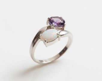 Unique Opal Ring, Natural Opal Ring, Amethyst Ring, Vintage Rings, October Birthstone, February Birthstone, Silver Ring, Amethyst, Opal