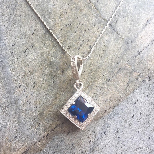 Sapphire Pendant, Blue Sapphire Pendant, Lab Sapphire, Bridal Pendant, Something Blue, Vintage Pendant, Princess Diana Pendant, Solid Silver