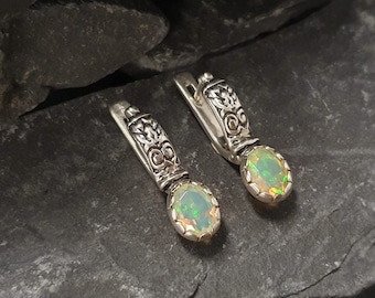 Opal Earrings, Ethiopian Opal, October Birthstone, Tribal Earrings, Vintage Studs, Long Opal Earrings, Fire Opal Studs, 925 Silver Earrings