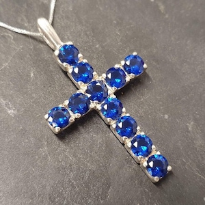 Cross Pendant, Sapphire Pendant, Created Sapphire, Symbolic Pendant, Blue Cross Necklace, Vintage Cross Pendant, Solid Silver Pendant, Cross