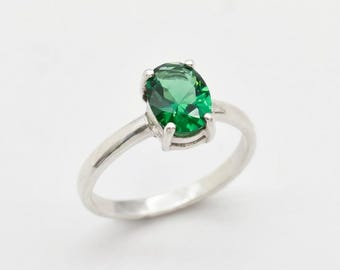 Silver Emerald Ring, Created Emerald, Emerald Engagement Ring, Delicate Emerald Ring, Dainty Emerald Ring, Emerald Promise Ring, Adina Stone