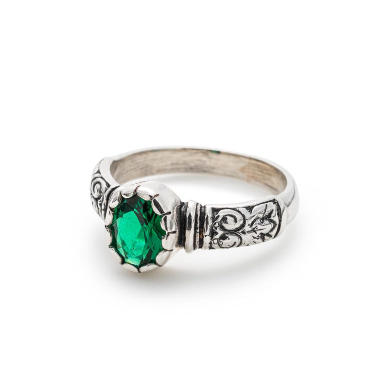Tribal Emerald Ring, Created Emerald, Antique Ring, Vintage Ring, Bohemian Ring, Thick Band Ring, Sterling Silver Ring, Green Solitaire Ring image 9