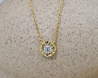 Solid Gold Diamond Necklace, 14k Solid Yellow Gold Necklace, Dainty Diamond Necklace, Sparkly Diamond Pendant, Round Diamond Necklace