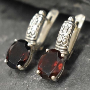 Garnet Earrings, Natural Garnet, Bohemian Earrings, January Birthstone, Boho Earrings, Red Tribal Earrings, Vintage Silver Earrings
