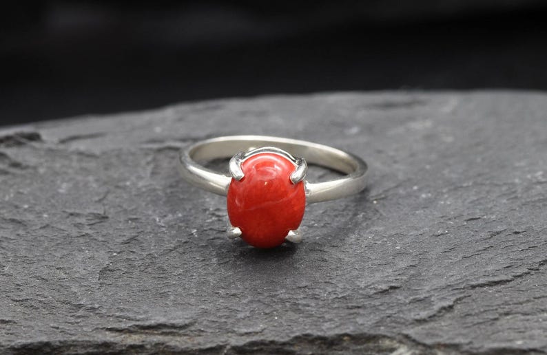 Red Coral Ring, Natural Coral, Solitaire Ring, Promise Ring, Simple Ring, Red Oval Ring, 3 Carat Ring, Proposal Ring, Solid Silver Ring image 9