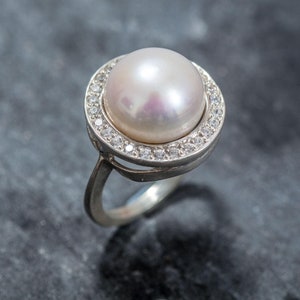 White Pearl Ring, Natural Pearl, June Birthstone, Genuine Pearl, Large Pearl Ring, Pearl and Diamonds, CZ Diamonds, June Ring, Solid Silver