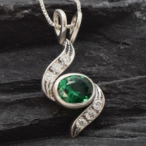Green Emerald Pendant, Oval Emerald Necklace, CZ Diamond Pendant, Sparkly Diamond Necklace, May Birthstone, Gift for Her, Adina Stone Silver