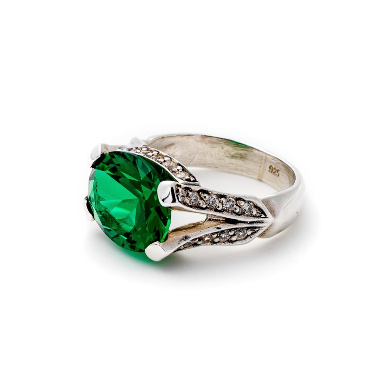 Anillo de esmeralda, anillo de esmeralda vintage, anillo verde esmeralda, esmeralda creada, anillos vintage, anillo de plata vintage, anillo horizontal, gema horizontal imagen 8